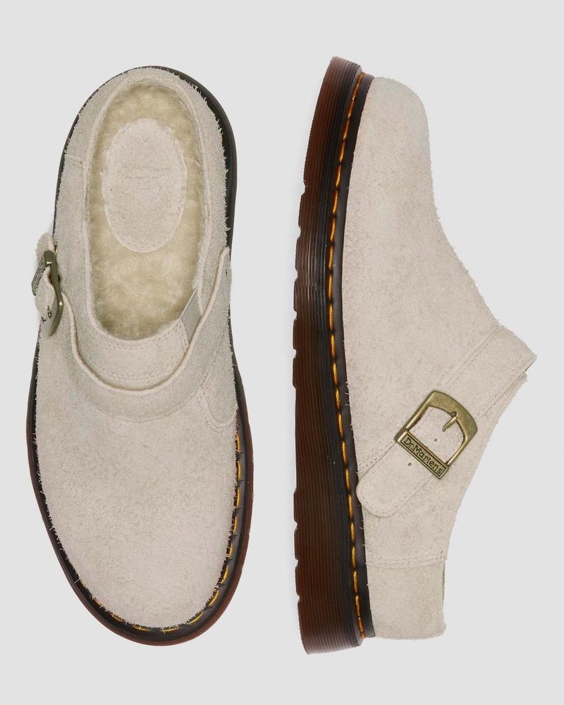 Vintage Taupe Dr Martens Isham Faux Shearling Lined Suede Slingback Mules (Long Napped Suede) Sandals | AC65-S3AZ