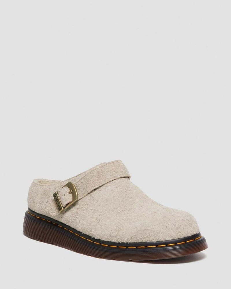 Vintage Taupe Dr Martens Isham Faux Shearling Lined Suede Slingback Mules (Long Napped Suede) Sandals | AC65-S3AZ