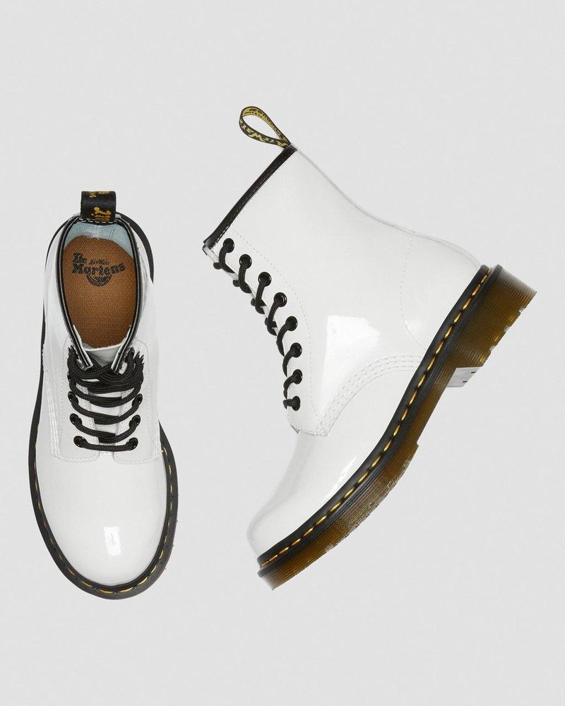 White Dr Martens 1460 - Patent Leather Lace Up Boots (Patent Leather) Boots | KT74-P5YE