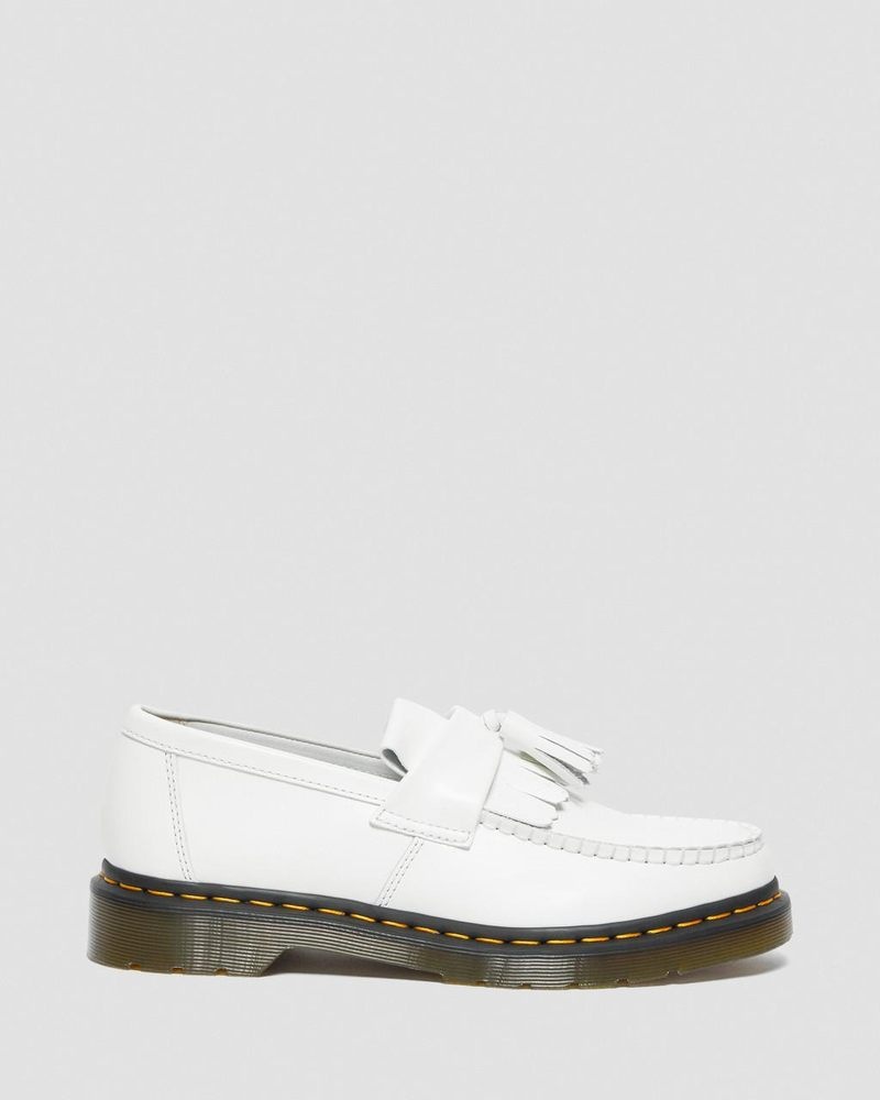 White Dr Martens Adrian Yellow Stitch Leather Tassel Loafers (Smooth Leather) Shoes | YU72-K1OR