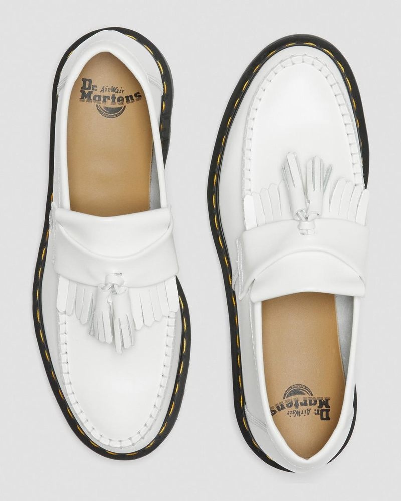 White Dr Martens Adrian Yellow Stitch Leather Tassel Loafers (Smooth Leather) Shoes | YU72-K1OR