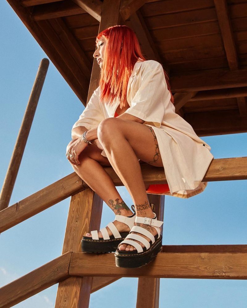 White Dr Martens Blaire Hydro Leather Platform Strap Sandals (Hydro Leather) Platforms Sandals | IA24-O3AL