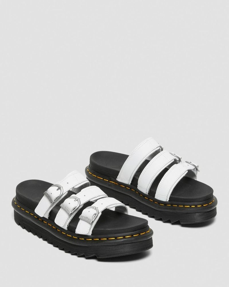 White Dr Martens Blaire Leather Slide Sandals (Hydro Leather) Platforms Sandals | TU37-O2TJ