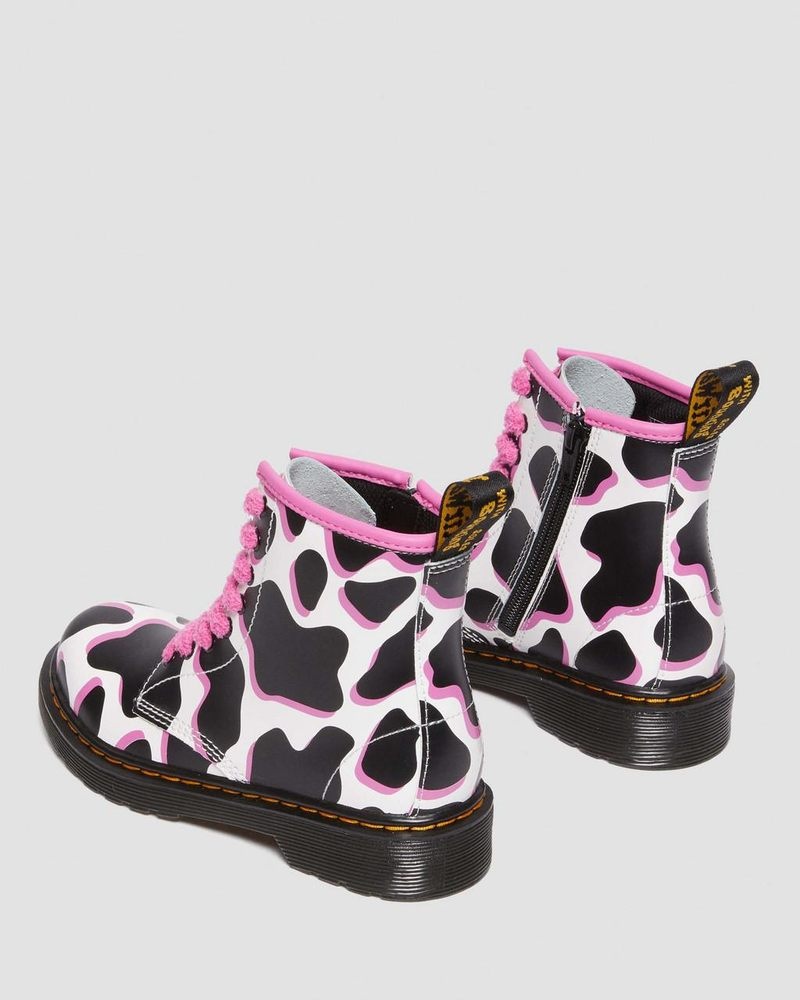 White Dr Martens Junior 1460 Cow Print Patent Leather Lace Up Boots (Cow Print Patent Lamper) Boots | EY45-Z7FV