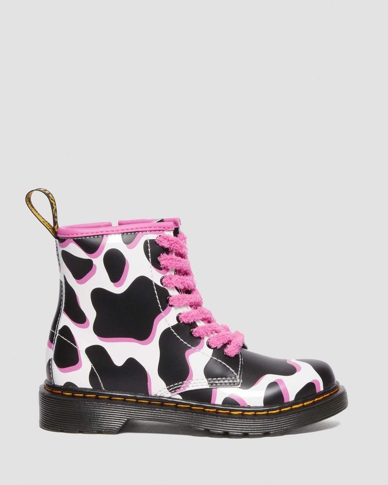 White Dr Martens Junior 1460 Cow Print Patent Leather Lace Up Boots (Cow Print Patent Lamper) Boots | EY45-Z7FV