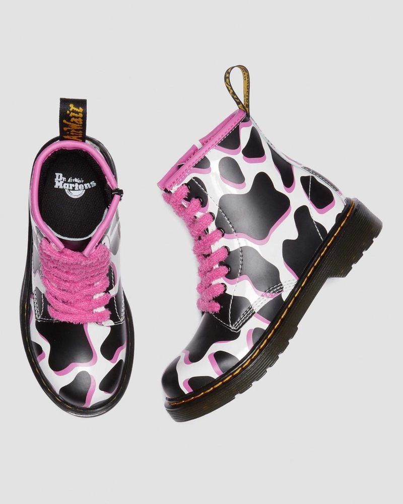 White Dr Martens Junior 1460 Cow Print Patent Leather Lace Up Boots (Cow Print Patent Lamper) Boots | EY45-Z7FV