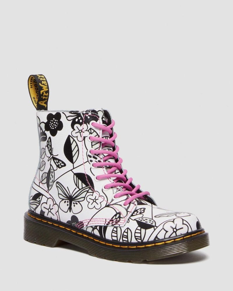 White Dr Martens Junior 1460 Meadow Print Leather Lace Up Boots Boots | LI33-F6HL