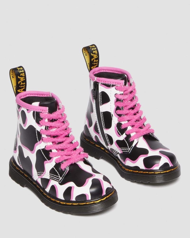 White Dr Martens Toddler 1460 Cow Print Patent Leather Lace Up Boots (Cow Print Patent Lamper) Boots | IE32-Q9HR