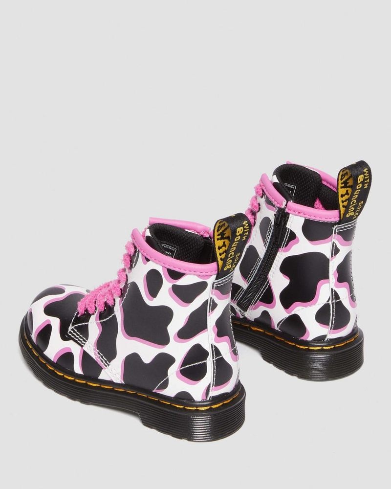 White Dr Martens Toddler 1460 Cow Print Patent Leather Lace Up Boots (Cow Print Patent Lamper) Boots | IE32-Q9HR