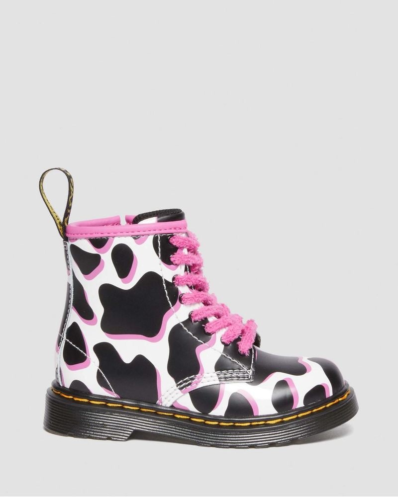 White Dr Martens Toddler 1460 Cow Print Patent Leather Lace Up Boots (Cow Print Patent Lamper) Boots | IE32-Q9HR