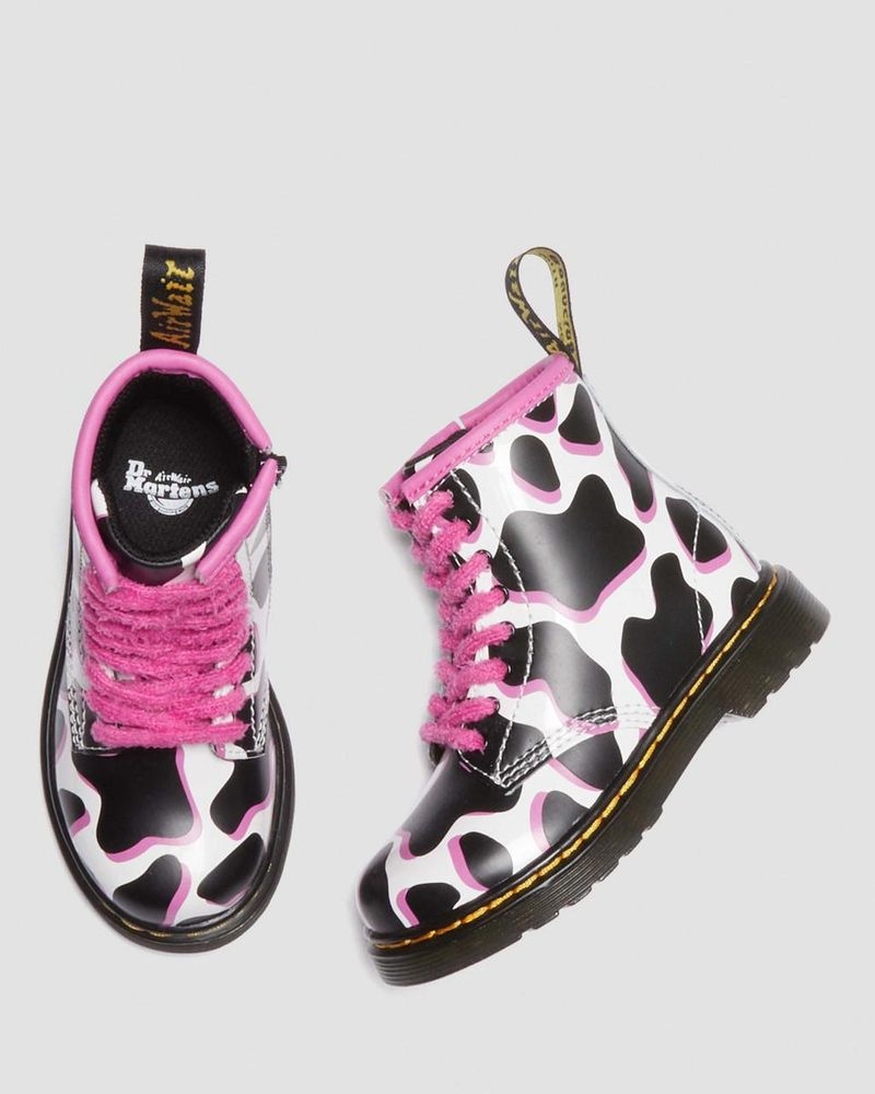 White Dr Martens Toddler 1460 Cow Print Patent Leather Lace Up Boots (Cow Print Patent Lamper) Boots | IE32-Q9HR