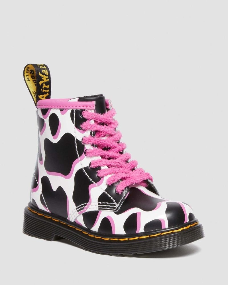 White Dr Martens Toddler 1460 Cow Print Patent Leather Lace Up Boots (Cow Print Patent Lamper) Boots | IE32-Q9HR